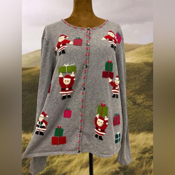 Novelty Christmas Santa Holiday Retro Embroidered Cardigan Jacket - Picture 1 of 10
